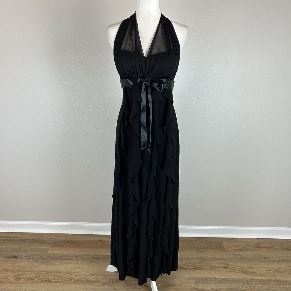 Betsy & Adam Maxi Bow Gown BLACK Size 8 Ruffle Evening Party Event Whimsigoth